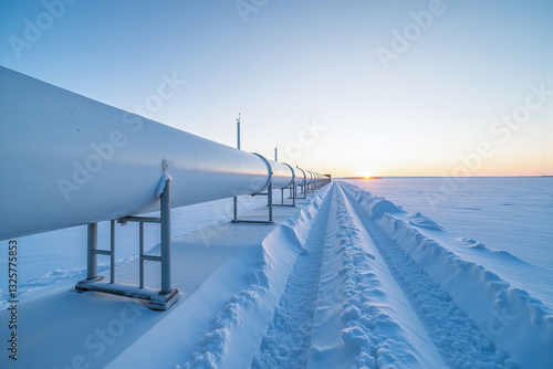 Newly build oil and gas pipeline constructed over snow covered fields in Alaska during winter, transporting liquefied natural gas (LNG) and crude oil to ports and refinery for processing and export.