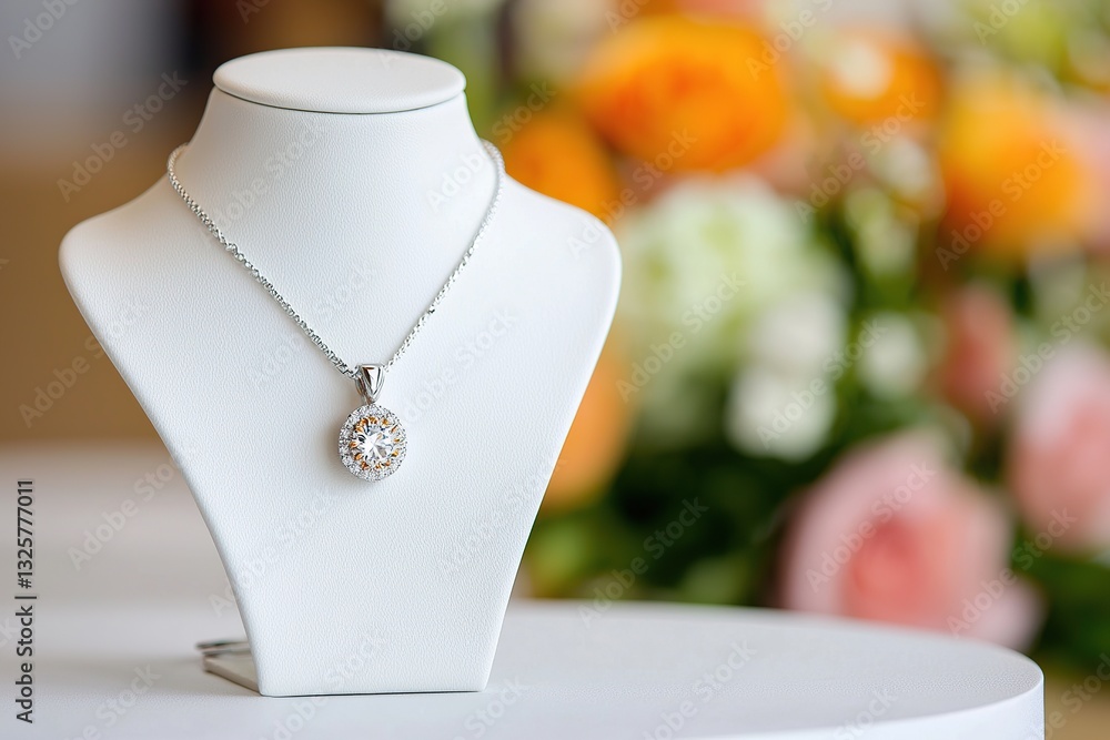Elegant necklace displayed on a stand with colorful floral background. Elegant necklace displayed on a stand with colorful floral background.