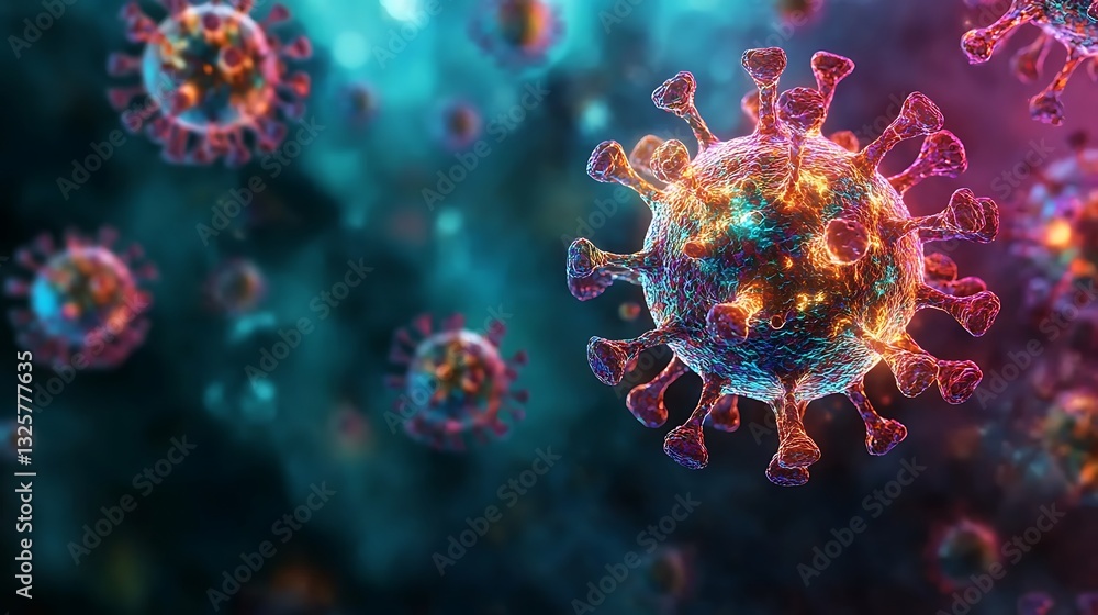 A microscopic artistic interpretation of the H1N1 flu virus, vibrant swirling colors, fluid organic textures, dramatic lighting, surreal floating motion, glowing abstract representation, A microscopic artistic interpretation of the H1N1 flu virus, vibrant swirling colors, fluid organic textures, dramatic lighting, surreal floating motion, glowing abstract representation,