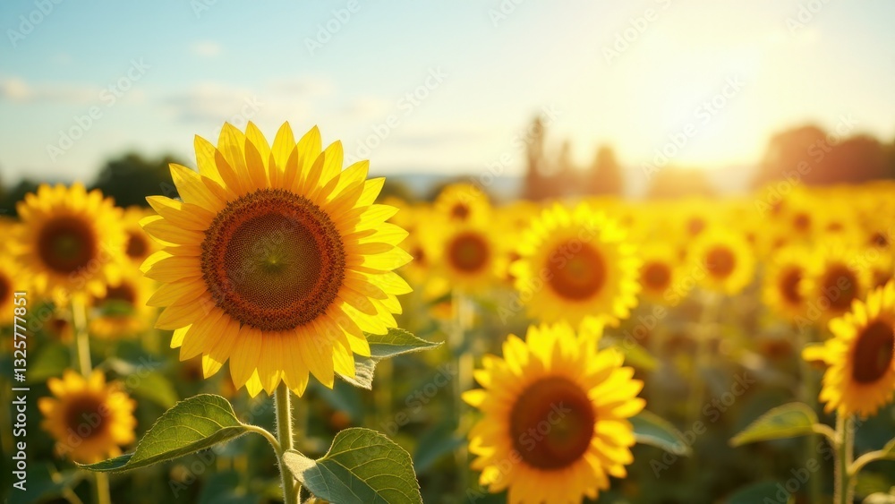 Fototapeta premium A field of wild sunflower plants basking in the sunlight, with one prominent sunflower in the foreground.