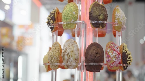 Tilt shot of multiple cakes with icing displayed on a vertical rotating holder