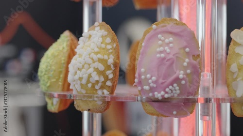 Cakes with different icing rotating on a vertical display stand close up shot