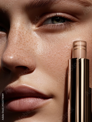 A close-up of a model's face showcasing natural skin texture and makeup, highlighting a beauty product with a sleek design.