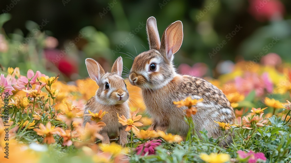 Fototapeta premium Two adorable bunnies nestled amongst colorful flowers.