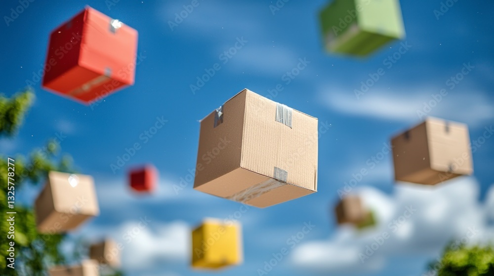 Obraz premium Colorful Cardboard Boxes Floating in Blue Sky Delivery Shipping Concept