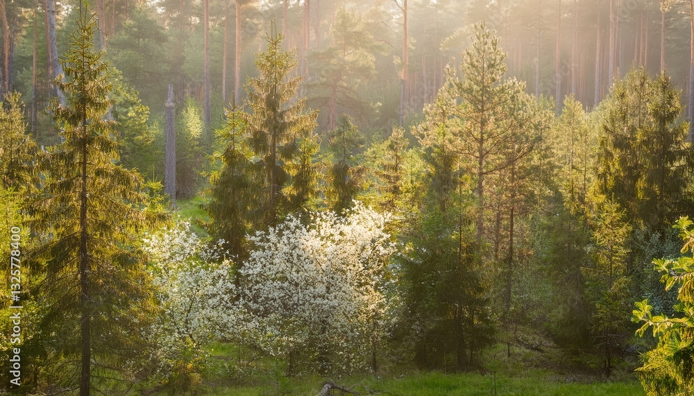 Fototapeta premium summer forest with green trees and blooming plants bathed in soft diffuse morning light