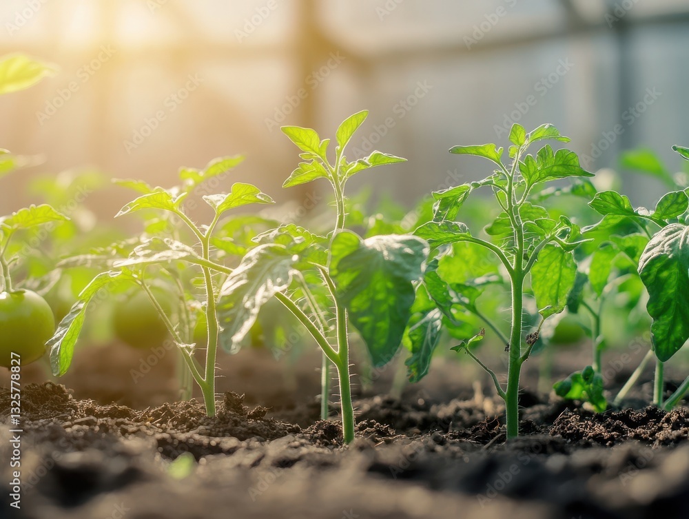 Young tomato plants basking in sunlight inside a greenhouse. Young tomato plants basking in sunlight inside a greenhouse.