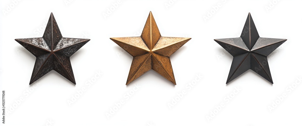 Obraz premium Three metallic stars in varying finishes on a white background.