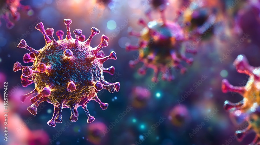 Obraz premium A surreal artistic interpretation of the H1N1 flu virus, abstract organic formations resembling viral structures, glowing soft color transitions, dreamy cinematic lighting,
