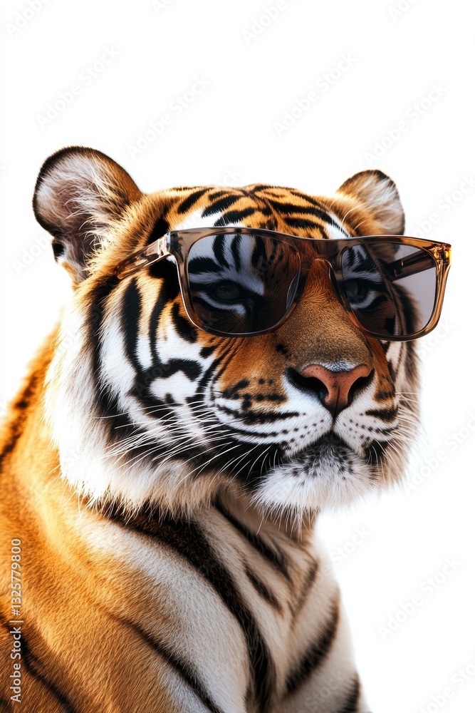 Fototapeta premium Tiger wearing sunglasses looking cool, wild animal portrait, exotic pet fashion, trendy wildlife photography, animal character concept for creative projects.