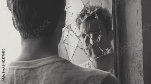 Reflections of Fragmented Identity - Person looking into cracked mirror with multiple reflections, symbolic of self-discovery and inner conflict.