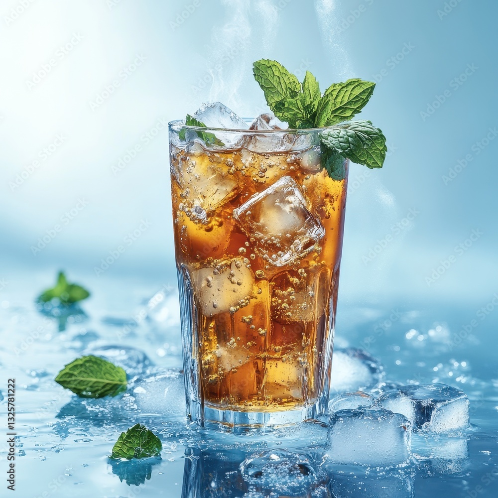 Refreshing Iced Tea Drink with Mint and Ice Cubes on a Cool Blue Background Refreshing Iced Tea Drink with Mint and Ice Cubes on a Cool Blue Background
