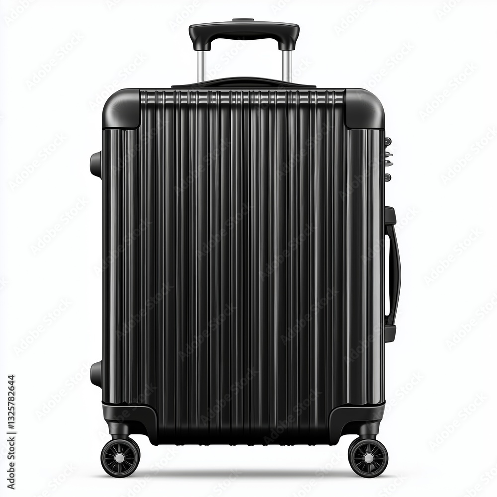 Fototapeta premium Modern black hard-shell suitcase, vertical grooves, telescopic handle, spinner wheels, isolated white, PNG-ready, professional travel mockup