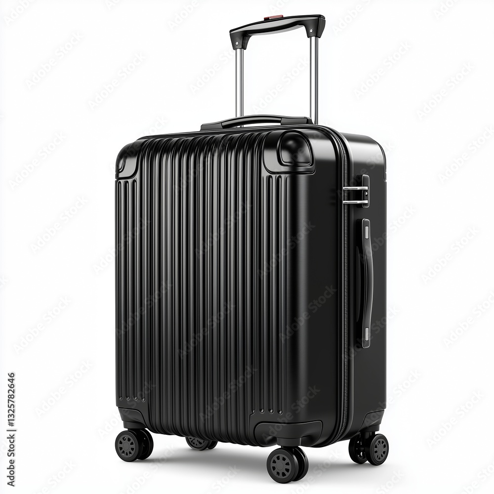 Modern black hard-shell suitcase, vertical grooves, telescopic handle, spinner wheels, isolated white, PNG-ready, professional travel mockup Modern black hard-shell suitcase, vertical grooves, telescopic handle, spinner wheels, isolated white, PNG-ready, professional travel mockup