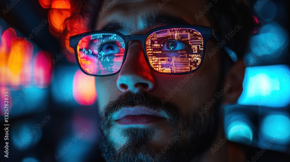 Man with glasses reflecting code, focused on screen. Man with glasses reflecting code, focused on screen.
