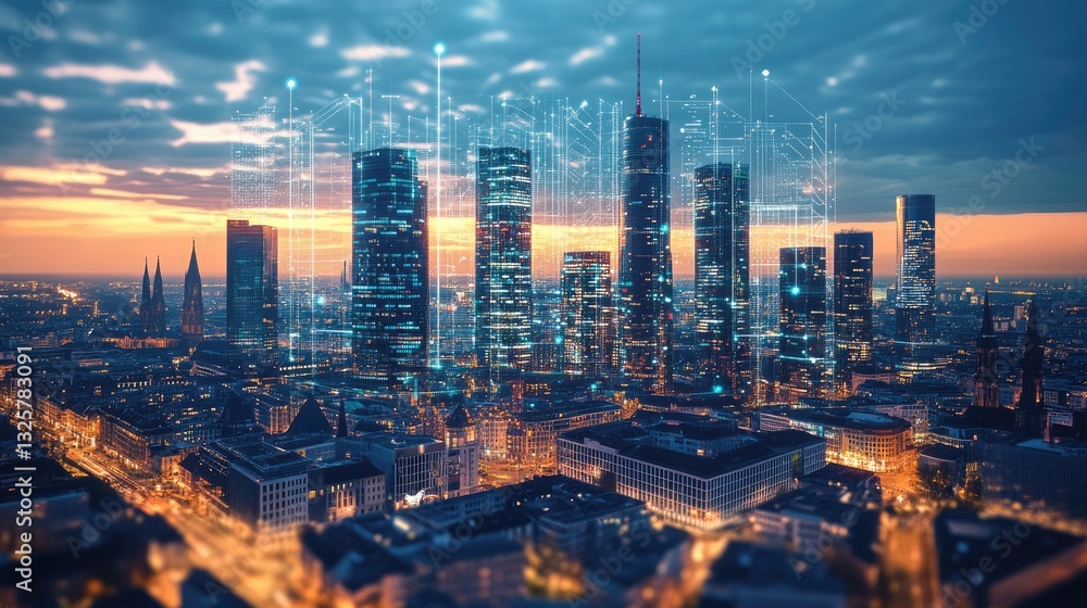 Fototapeta premium Futuristic Cityscape with Digital Data Overlay at Sunset