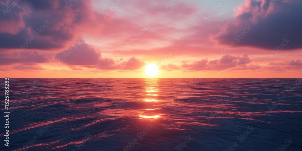 Fototapeta premium Sunset splashes vivid orange and pink hues across the deep blue-purple ocean, casting an ethereal glow as light dances through scattered clouds