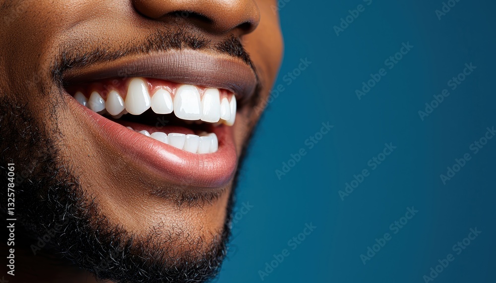 Fototapeta premium Close-up of a smiling man touching his teeth, emphasizing good oral hygiene, fresh breath, and daily dental care