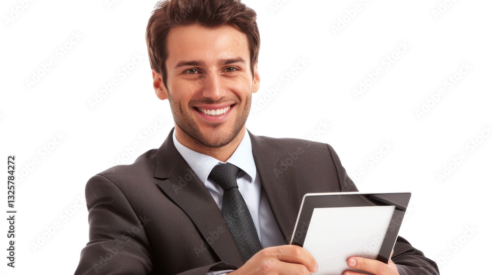 Smiling businessman holding tablet with transparent background Smiling businessman holding tablet with transparent background
