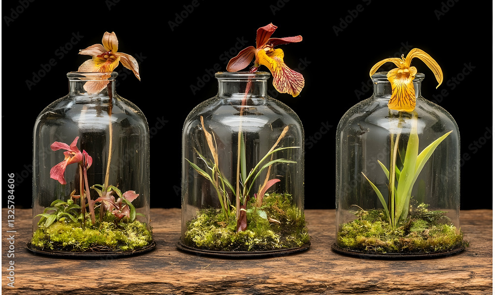 Delicate floral arrangements under glass domes exhibit botanical artistry Delicate floral arrangements under glass domes exhibit botanical artistry