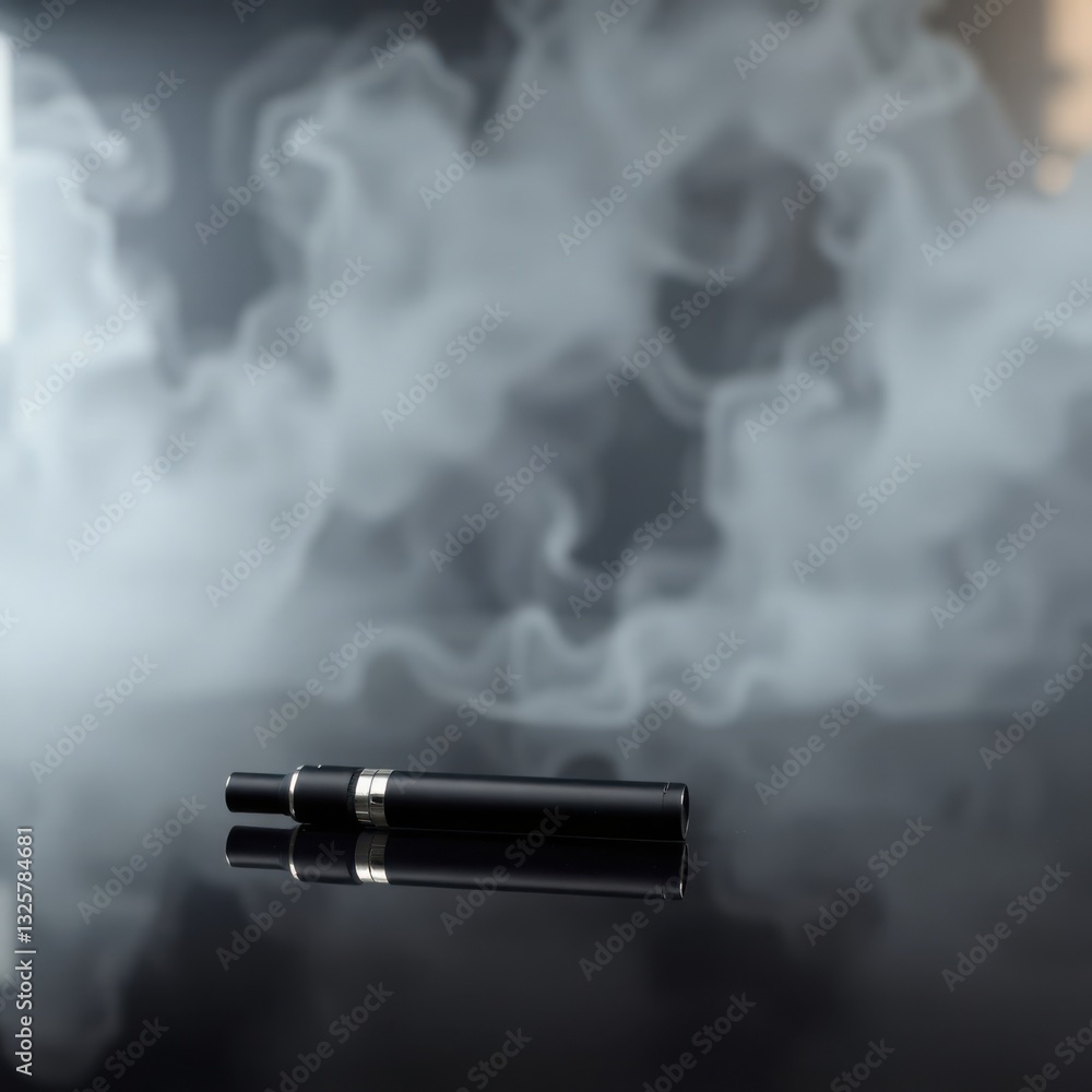 Electronic Device with Smoke: a sleek, black e-cigarette on a reflective surface, enveloped in white smoke. Electronic Device with Smoke: a sleek, black e-cigarette on a reflective surface, enveloped in white smoke.