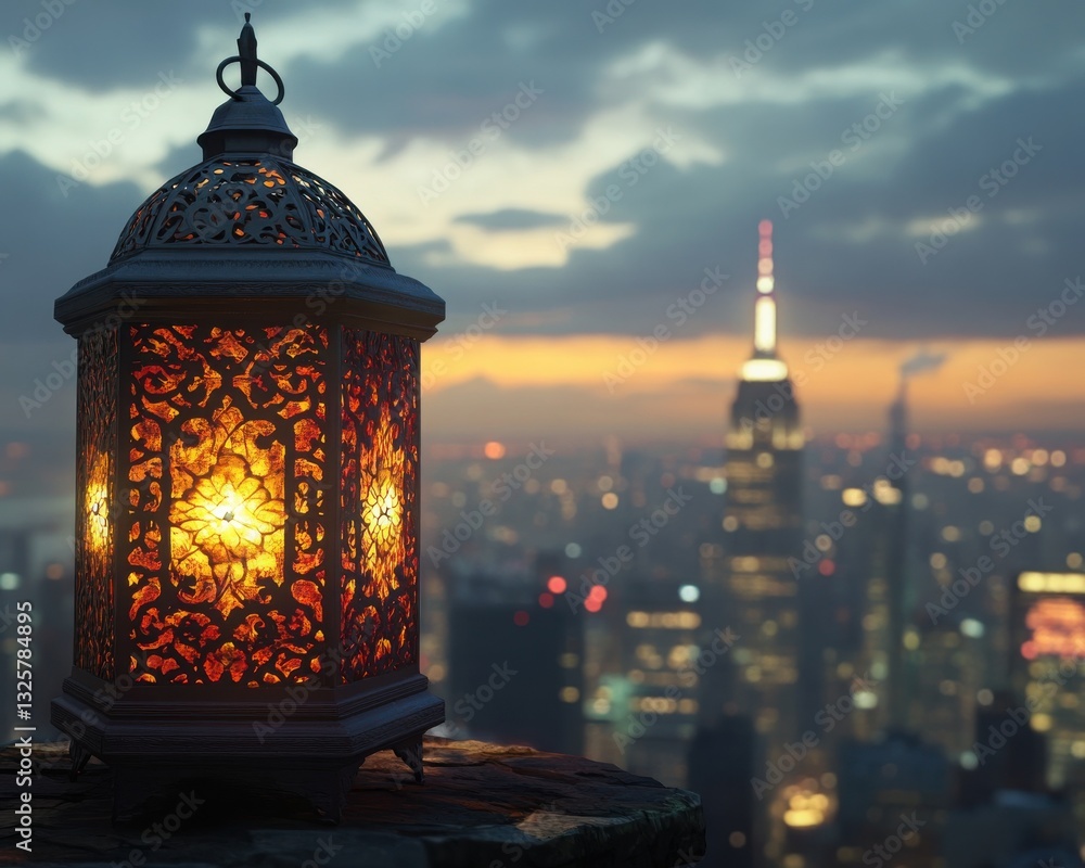 Fototapeta premium Ornate lantern glowing against a blurred city skyline at dusk.