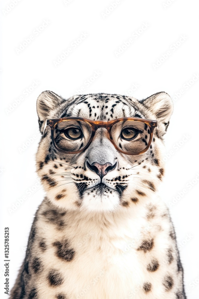 Obraz premium Snow leopard wearing stylish glasses against a white background, unique animal portrait, wildlife photography, creative concept, trendy animal art.