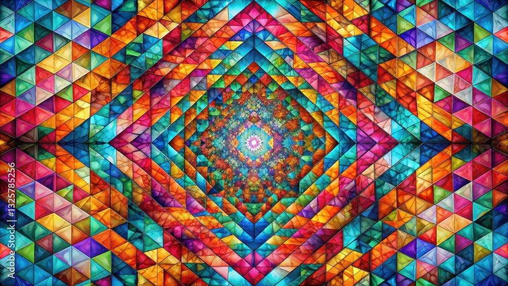 Mosaic of intersecting squares and triangles in a kaleidoscope of colors, suspended in mid-air with an air of dynamic movement, modern art, bold colors Mosaic of intersecting squares and triangles in a kaleidoscope of colors, suspended in mid-air with an air of dynamic movement, modern art, bold colors