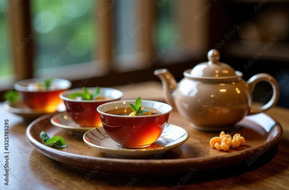 Enjoying a traditional tea experience with freshly brewed tea and mint leaves Enjoying a traditional tea experience with freshly brewed tea and mint leaves