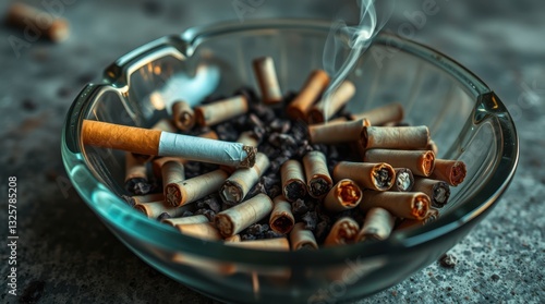 Ashtray filled with extinguished cigarettes and a lit cigarette, emitting smoke in a dark setting.