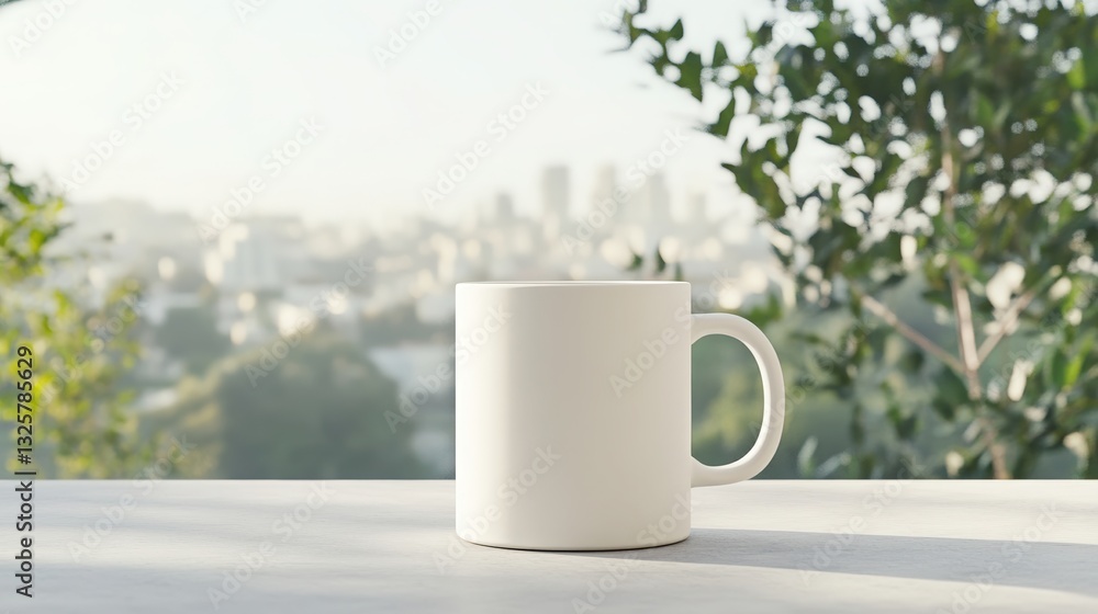 Obraz premium A plain white mug sits on a table, overlooking a blurry cityscape and lush greenery. Peaceful morning vibes.