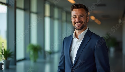 Wallpaper Mural Confident Business Man: A sharply dressed, handsome man exudes confidence as he stands within a modern office building, his warm smile reflecting success and approachability.  Torontodigital.ca