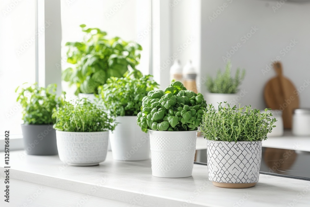 Fresh potted herbs on a kitchen countertop in bright light. Fresh potted herbs on a kitchen countertop in bright light.