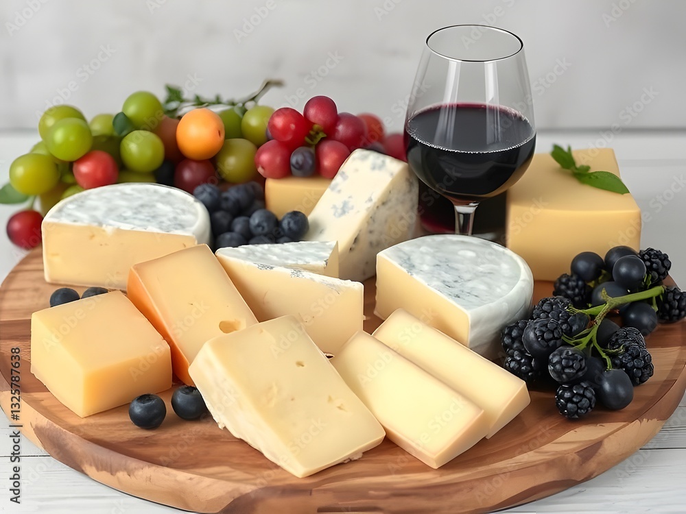 Gourmet Cheese Board with Assorted Cheeses, Grapes, Berries & Red Wine. Gourmet Cheese Board with Assorted Cheeses, Grapes, Berries & Red Wine.