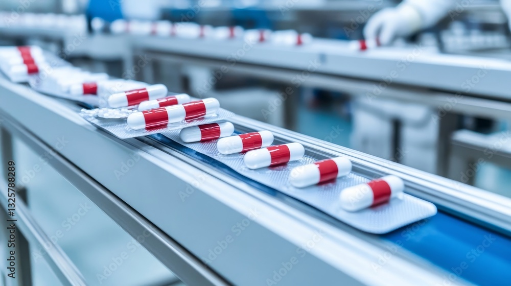 Capsules on automated production line in a factory Capsules on automated production line in a factory