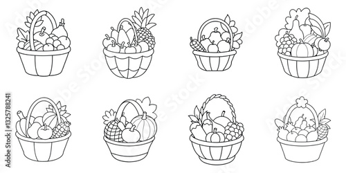 Line Art Harvest Baskets with Fruits and Vegetables Set. Outline Drawings for Autumn, Thanksgiving, and Healthy Food.