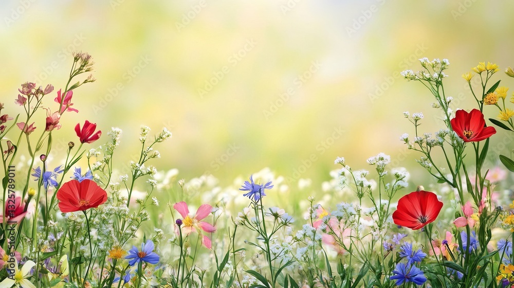 Colorful wildflower field in bloom with vibrant petals and greenery, natural spring landscape scene Colorful wildflower field in bloom with vibrant petals and greenery, natural spring landscape scene
