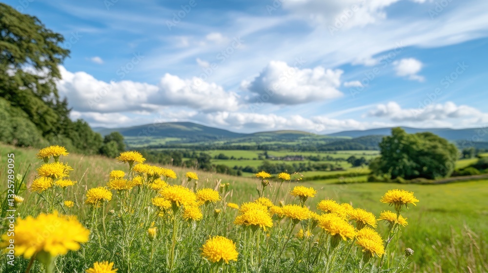 Bright Yellow Dandelions Against a Scenic Green Landscape Bright Yellow Dandelions Against a Scenic Green Landscape