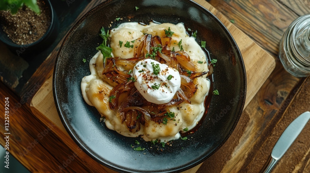 Creamy Dumplings with Poached Egg and Caramelized Onions Dish Creamy Dumplings with Poached Egg and Caramelized Onions Dish