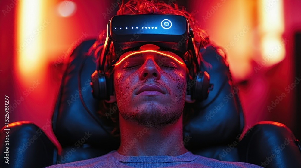 Man relaxing in VR headset, red lighting. Man relaxing in VR headset, red lighting.