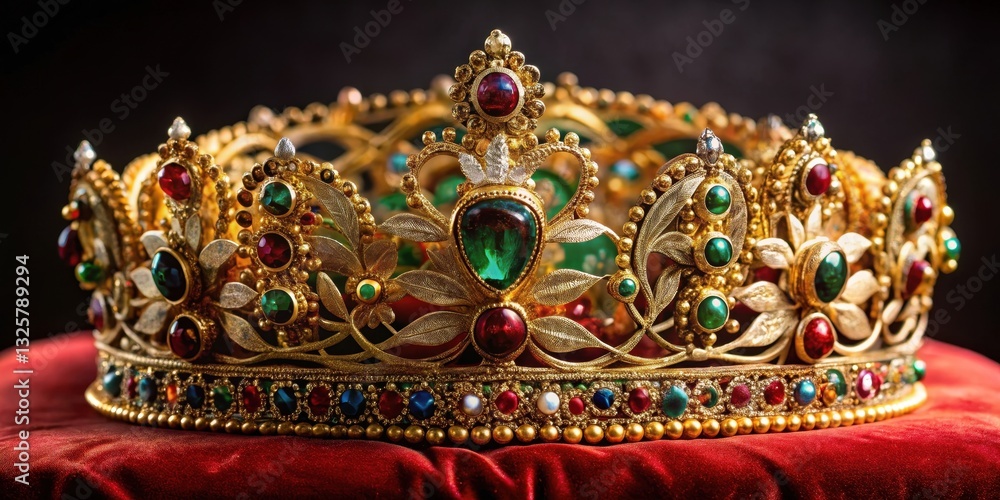 Obraz premium Regal headpiece adorned with intricate gold filigree and precious gems atop a velvet cushion, jewel-encrusted , luxurious fabric