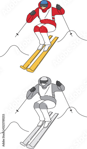 スキー、モーグル競技の選手のイラストセット