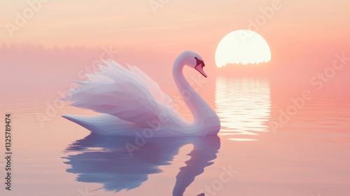 Fototapeta Naklejka Na Ścianę i Meble -  Elegant White Swan on Pink Sunset Water