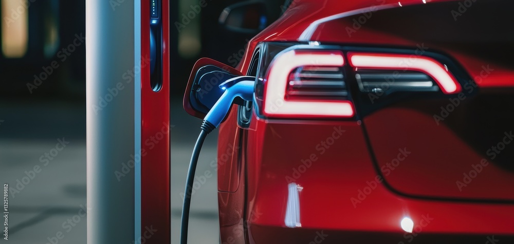 Fototapeta premium Company-branded electric fleet vehicles plugged into an advanced charging network, reducing carbon footprint