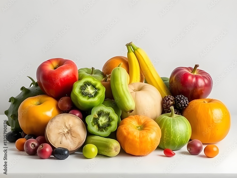 Fresh Colorful Fruit & Vegetables Still Life Composition Apples, Bananas, Orange, Squash, Peppers, Berries. Fresh Colorful Fruit & Vegetables Still Life Composition Apples, Bananas, Orange, Squash, Peppers, Berries.