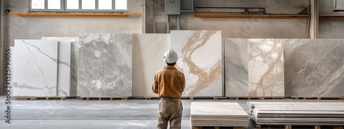 Worker in a factory inspecting large marble slabs for quality.