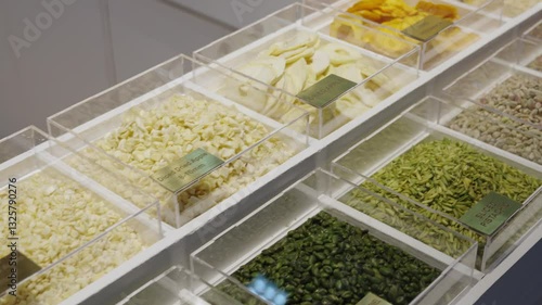 Wide range of dried fruits and nuts in transparent containers