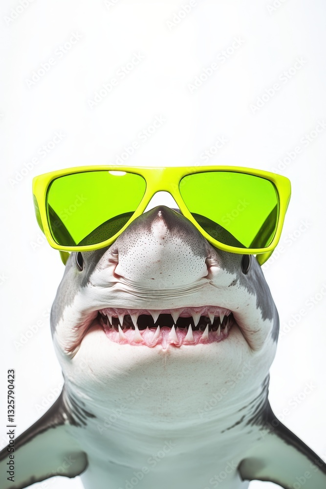 Naklejka premium Shark wearing neon sunglasses posing for the camera, playful ocean animal image, marine life photography, vibrant underwater scenes, beach vibes.