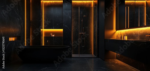 Wallpaper Mural Dark and moody luxury bathroom with a black marble tub, floating vanity with integrated LED lighting, and a glass walk-in shower with waterfall effect Torontodigital.ca