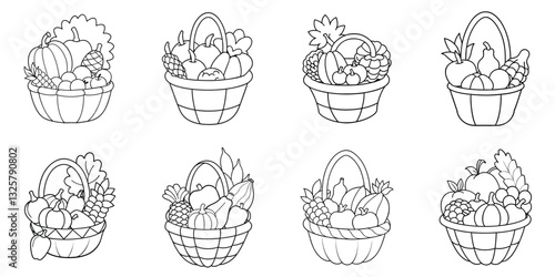 Harvest Bounty: A collection of eight hand-drawn baskets brimming with a variety of freshly harvested fruits and vegetables, celebrating the abundance of the season.